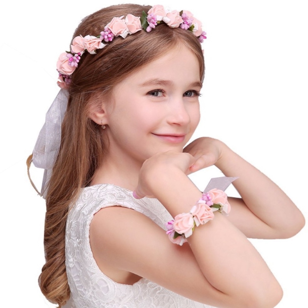 x2 Sets Girls Bridal Flower Hair Crowns & Corsages